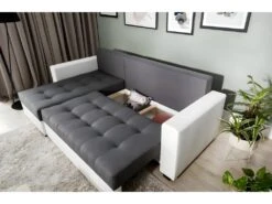 Canapé D'angle Convertible En Tissu Luxe Marron Et Simili Cuir Beige, 5 Places, Avec Coffre, Angle Gauche (vu De Face), NESTOR -Meubles Soldes Boutique canape 9992529