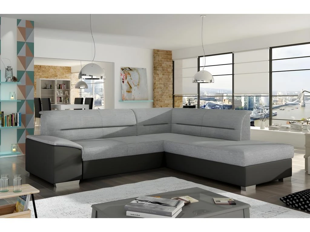 Canapé D'angle Convertible En Tissu Luxe Gris Et Simili Cuir Noir, 5 Places, Avec Coffre, Angle Droit (vu De Face), VERTU MIX 3 Canapé D'angle Convertible En Tissu Luxe Gris Et Simili Cuir Noir, 5 Places, Avec Coffre, Angle Droit (vu De Face), VERTU MIX