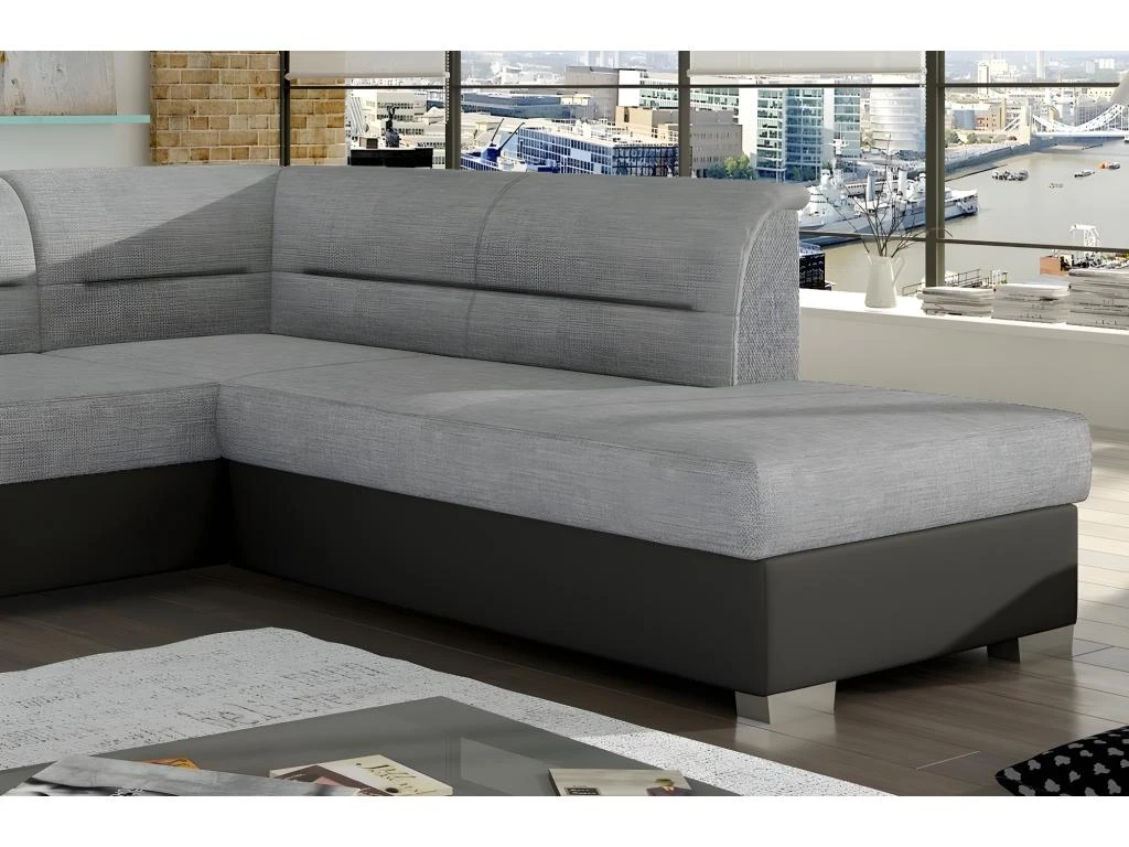 Canapé D'angle Convertible En Tissu Luxe Gris Et Simili Cuir Noir, 5 Places, Avec Coffre, Angle Droit (vu De Face), VERTU MIX 4 Canapé D'angle Convertible En Tissu Luxe Gris Et Simili Cuir Noir, 5 Places, Avec Coffre, Angle Droit (vu De Face), VERTU MIX – Image 2