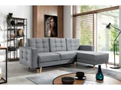 Canapé D'angle Convertible ASSIA VELOURS - En Tissu De Qualité 5 Places, Gris, Angle Droit (vu De Face)