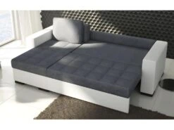 - Canapé D'angle Convertible En Tissu Luxe Gris Foncé Et Simili Cuir Blanc, 5 Places, Avec Coffre, Angle Gauche (vu De Face), NESTOR -Meubles Soldes Boutique canape 9993835