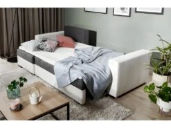 - Canapé D'angle Convertible En Tissu Luxe Gris Foncé Et Simili Cuir Blanc, 5 Places, Avec Coffre, Angle Gauche (vu De Face), NESTOR -Meubles Soldes Boutique canape 9993839