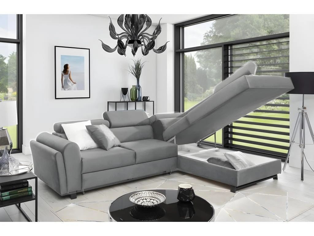 Canapé D'angle Convertible - KARL VELOURS - En Tissu Prestige, 5 Places, Gris, Angle Droit (vu De Face) 5 Canapé D'angle Convertible - KARL VELOURS - En Tissu Prestige, 5 Places, Gris, Angle Droit (vu De Face) – Image 3