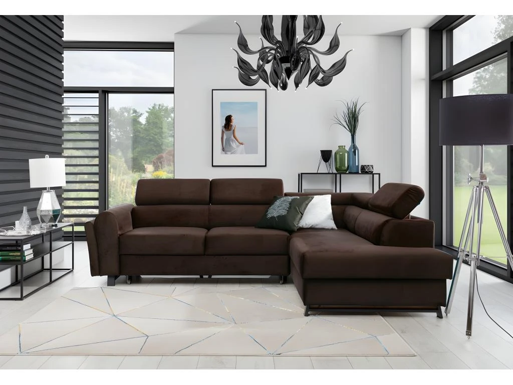 Canapé D'angle Convertible - KARL VELOURS - En Tissu Prestige, 5 Places, Chocolat, Angle Droit (vu De Face) 3 Canapé D'angle Convertible - KARL VELOURS - En Tissu Prestige, 5 Places, Chocolat, Angle Droit (vu De Face)