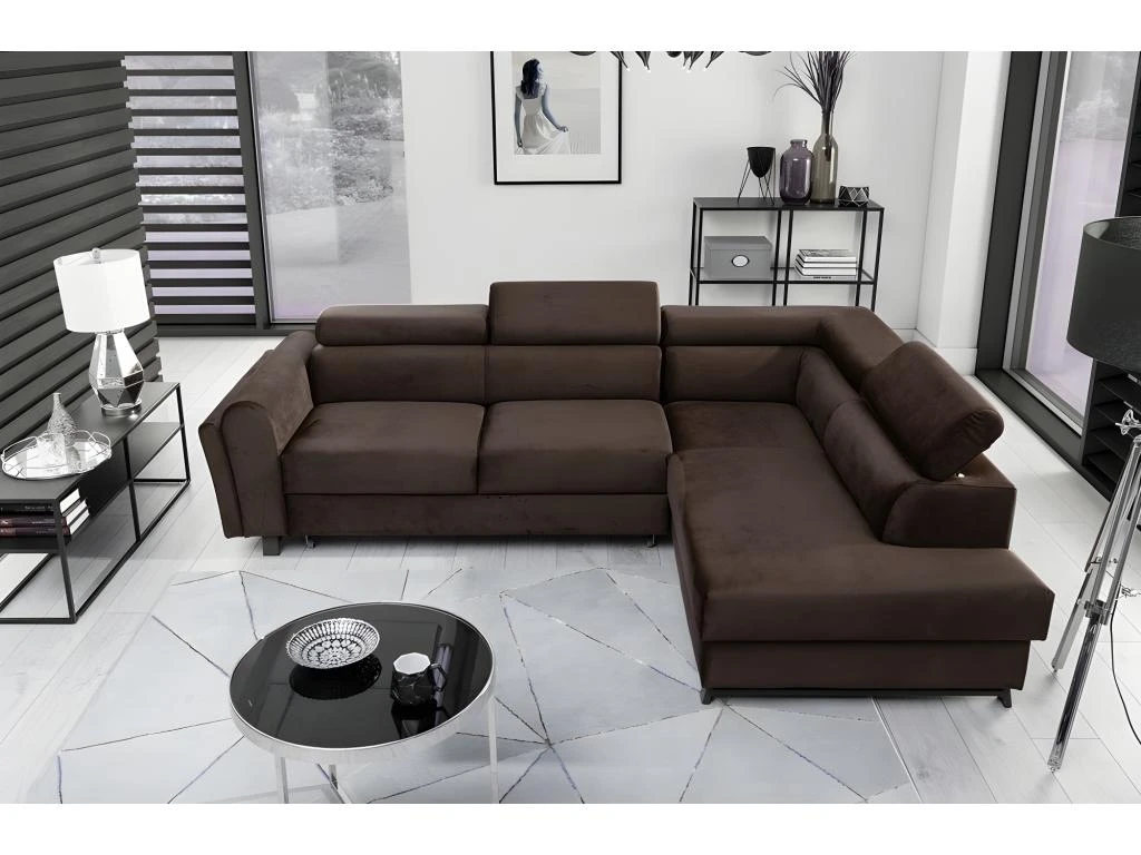 Canapé D'angle Convertible - KARL VELOURS - En Tissu Prestige, 5 Places, Chocolat, Angle Droit (vu De Face) 6 Canapé D'angle Convertible - KARL VELOURS - En Tissu Prestige, 5 Places, Chocolat, Angle Droit (vu De Face) – Image 4