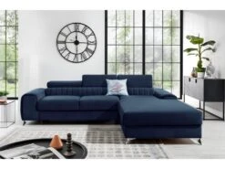 Canapé D'angle Convertible En Tissu Velours Luxe Bleu, 5 Places, Angle Droit (vu De Face) - GRECE VELOURS