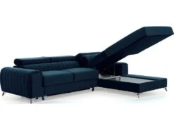 Canapé D'angle Convertible En Tissu Velours Luxe Bleu, 5 Places, Angle Droit (vu De Face) - GRECE VELOURS -Meubles Soldes Boutique canape 9994499