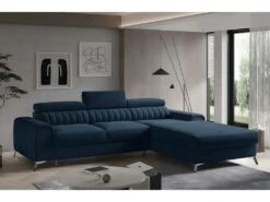Canapé D'angle Convertible En Tissu Velours Luxe Bleu, 5 Places, Angle Droit (vu De Face) - GRECE VELOURS -Meubles Soldes Boutique canape 9994501