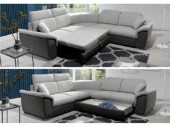 Canapé D'angle - Convertible - FELIPE - En Tissu Gris Clair Et Simili Cuir Blanc, 5/6 Places -Meubles Soldes Boutique canape 9995355