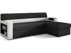 Canapé D'angle Convertible En Tissu Luxe Noir Et Simili Cuir Blanc Cassé, 5 Places, Avec Coffre, Angle Droit (vu De Face) - RICCI