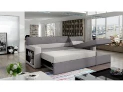 Canapé D'angle Convertible En Tissu Luxe Noir Et Simili Cuir Blanc Cassé, 5 Places, Avec Coffre, Angle Droit (vu De Face) - RICCI 9 Canapé D'angle Convertible En Tissu Luxe Noir Et Simili Cuir Blanc Cassé, 5 Places, Avec Coffre, Angle Droit (vu De Face) - RICCI -Meubles Soldes Boutique canape 9995753