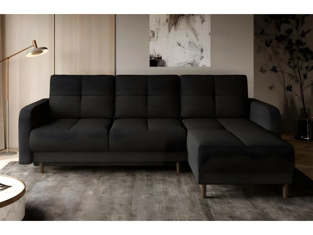 Canapé D'angle Convertible En Tissu Luxe, Rangement - Noir, Angle Droit (vu De Face), ROXANE 3 Canapé D'angle Convertible En Tissu Luxe, Rangement - Noir, Angle Droit (vu De Face), ROXANE