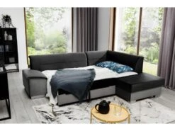 Canapé D'angle Convertible En Tissu Luxe 5 Places, Avec Coffre - Noir Et Gris Clair, Angle Droit (vu De Face), VERTU VELOURS -Meubles Soldes Boutique canape 9996033