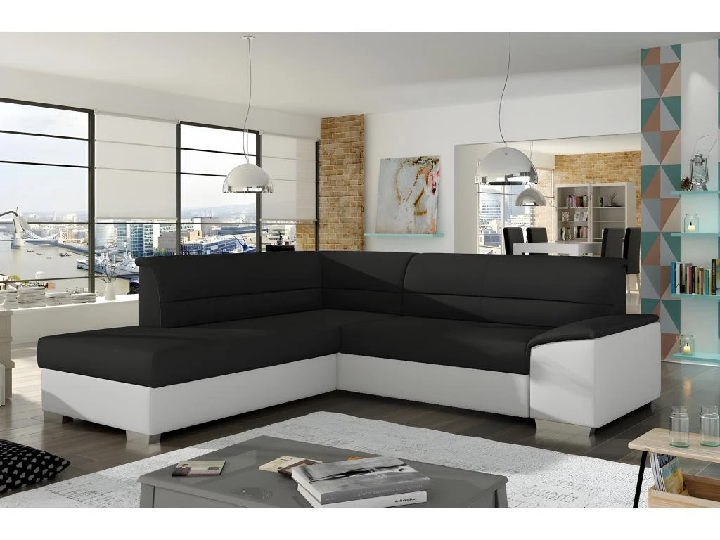 Canapé D'angle Convertible En Tissu Luxe Noir Et Simili Cuir Blanc Cassé, 5 Places, Avec Coffre, Angle Gauche (vu De Face), VERTU MIX 3 Canapé D'angle Convertible En Tissu Luxe Noir Et Simili Cuir Blanc Cassé, 5 Places, Avec Coffre, Angle Gauche (vu De Face), VERTU MIX