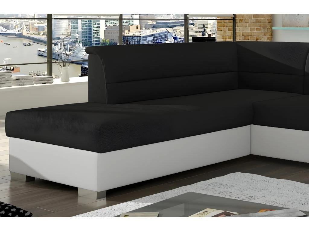 Canapé D'angle Convertible En Tissu Luxe Noir Et Simili Cuir Blanc Cassé, 5 Places, Avec Coffre, Angle Gauche (vu De Face), VERTU MIX 4 Canapé D'angle Convertible En Tissu Luxe Noir Et Simili Cuir Blanc Cassé, 5 Places, Avec Coffre, Angle Gauche (vu De Face), VERTU MIX – Image 2