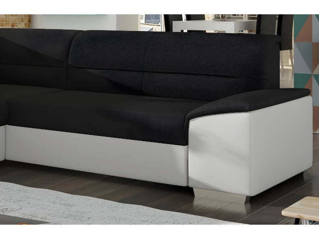 Canapé D'angle Convertible En Tissu Luxe Noir Et Simili Cuir Blanc Cassé, 5 Places, Avec Coffre, Angle Gauche (vu De Face), VERTU MIX 5 Canapé D'angle Convertible En Tissu Luxe Noir Et Simili Cuir Blanc Cassé, 5 Places, Avec Coffre, Angle Gauche (vu De Face), VERTU MIX – Image 3