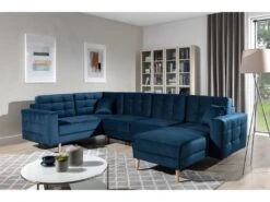 Canapé Panoramique Convertible - ASMA VELOURS - En Tissu De Qualité 5 Places, Bleu Foncé, Méridienne à Droite Et Angle à Gauche (vu De Face)