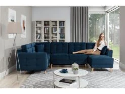 Canapé Panoramique Convertible - ASMA VELOURS - En Tissu De Qualité 5 Places, Bleu Foncé, Méridienne à Droite Et Angle à Gauche (vu De Face) -Meubles Soldes Boutique canape 9996317