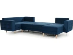 Canapé Panoramique Convertible - ASMA VELOURS - En Tissu De Qualité 5 Places, Bleu Foncé, Méridienne à Droite Et Angle à Gauche (vu De Face) -Meubles Soldes Boutique canape 9996319