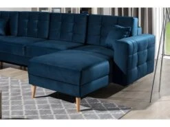 Canapé Panoramique Convertible - ASMA VELOURS - En Tissu De Qualité 5 Places, Bleu Foncé, Méridienne à Droite Et Angle à Gauche (vu De Face) -Meubles Soldes Boutique canape 9996321