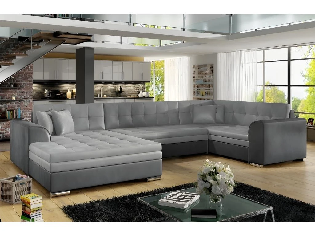 Canapé Panoramique Convertible - DAMIEN VELOURS - En Tissu Gris Clair Et Gris Foncé De Qualité, 7 Places, Méridienne à Gauche Et Angle à Droite (vu De Face) 3 Canapé Panoramique Convertible - DAMIEN VELOURS - En Tissu Gris Clair Et Gris Foncé De Qualité, 7 Places, Méridienne à Gauche Et Angle à Droite (vu De Face)