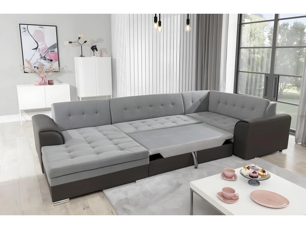 Canapé Panoramique Convertible - DAMIEN VELOURS - En Tissu Gris Clair Et Gris Foncé De Qualité, 7 Places, Méridienne à Gauche Et Angle à Droite (vu De Face) 5 Canapé Panoramique Convertible - DAMIEN VELOURS - En Tissu Gris Clair Et Gris Foncé De Qualité, 7 Places, Méridienne à Gauche Et Angle à Droite (vu De Face) – Image 3