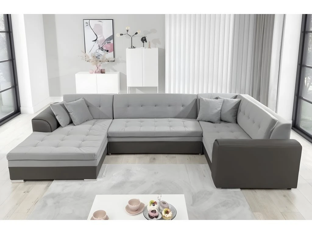 Canapé Panoramique Convertible - DAMIEN VELOURS - En Tissu Gris Clair Et Gris Foncé De Qualité, 7 Places, Méridienne à Gauche Et Angle à Droite (vu De Face) 6 Canapé Panoramique Convertible - DAMIEN VELOURS - En Tissu Gris Clair Et Gris Foncé De Qualité, 7 Places, Méridienne à Gauche Et Angle à Droite (vu De Face) – Image 4