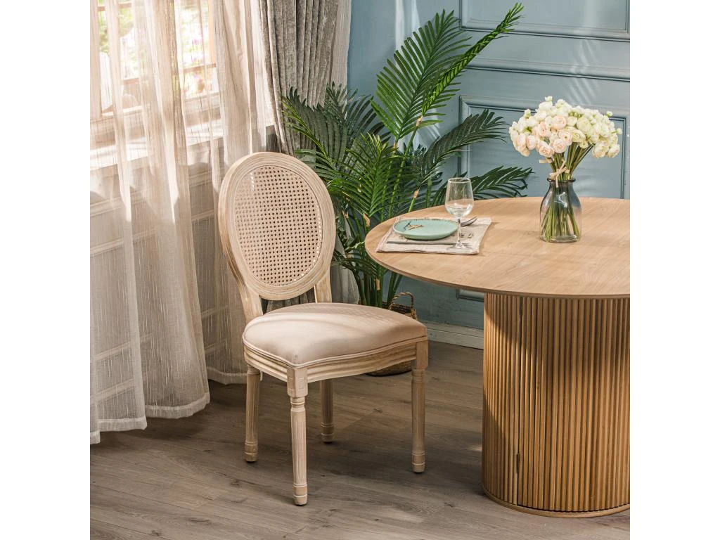 Lot De 2 Chaises En Bois Et Cannage Avec Assise En Tissu Beige 4 Lot De 2 Chaises En Bois Et Cannage Avec Assise En Tissu Beige â Image 2