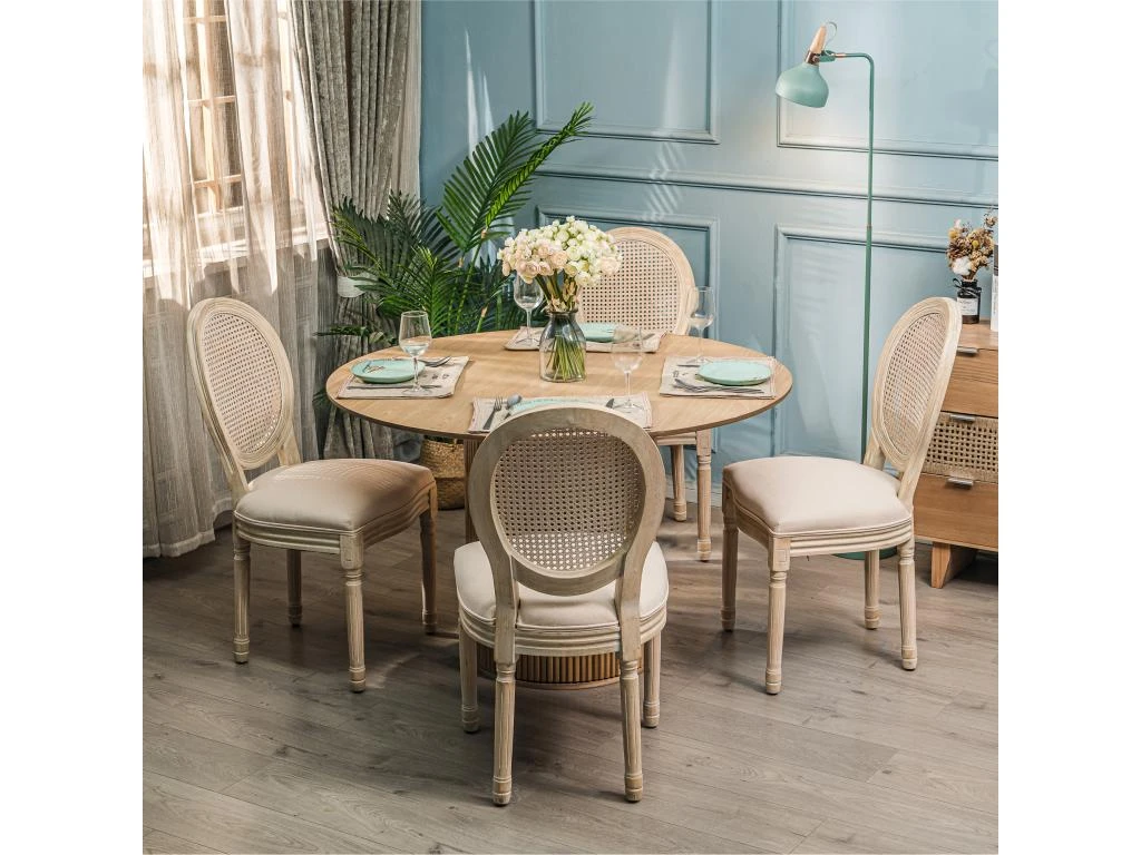 Lot De 2 Chaises En Bois Et Cannage Avec Assise En Tissu Beige 5 Lot De 2 Chaises En Bois Et Cannage Avec Assise En Tissu Beige â Image 3