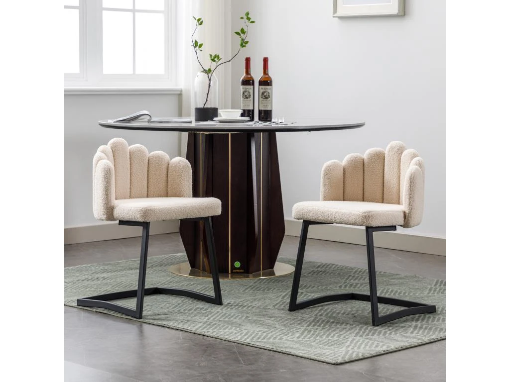 Lot De 2 Chaises Godole - Structure En L - Dossier En Forme De Pétale - Cachemire - Beige & Noir 3 Lot De 2 Chaises Godole - Structure En L - Dossier En Forme De Pétale - Cachemire - Beige & Noir