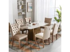 Lot De 6 Chaises Capitonné En Velours - Cadre En Bois Massif - Beige