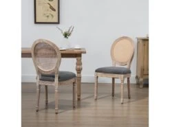 Lot De 2 Chaises De Salle à Manger - Chaise De Salon Médaillon Style Louis XVI - Bois Massif Sculpté, Patiné - Dossier Cannage - Aspect Lin Gris -Meubles Soldes Boutique chaise 23021787