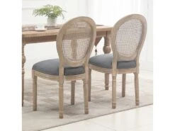 Lot De 2 Chaises De Salle à Manger - Chaise De Salon Médaillon Style Louis XVI - Bois Massif Sculpté, Patiné - Dossier Cannage - Aspect Lin Gris -Meubles Soldes Boutique chaise 23021789