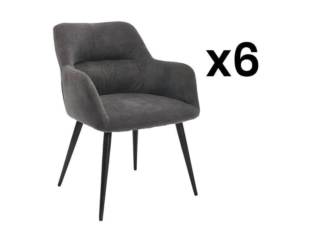 Lot De 6 Chaises - Avec Accoudoirs - Tissu Et Métal - Gris - HEKA 3 Lot De 6 Chaises - Avec Accoudoirs - Tissu Et Métal - Gris - HEKA