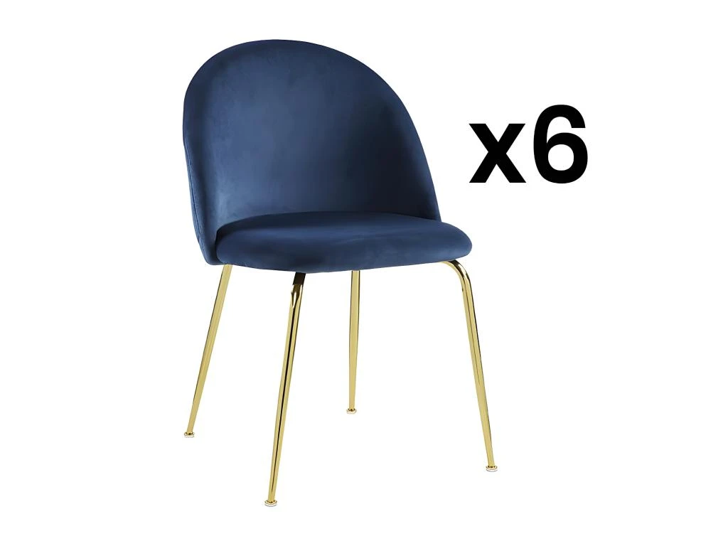 Lot De 6 Chaises - Velours Et Métal Doré - Bleu - MELBOURNE 3 Lot De 6 Chaises - Velours Et Métal Doré - Bleu - MELBOURNE