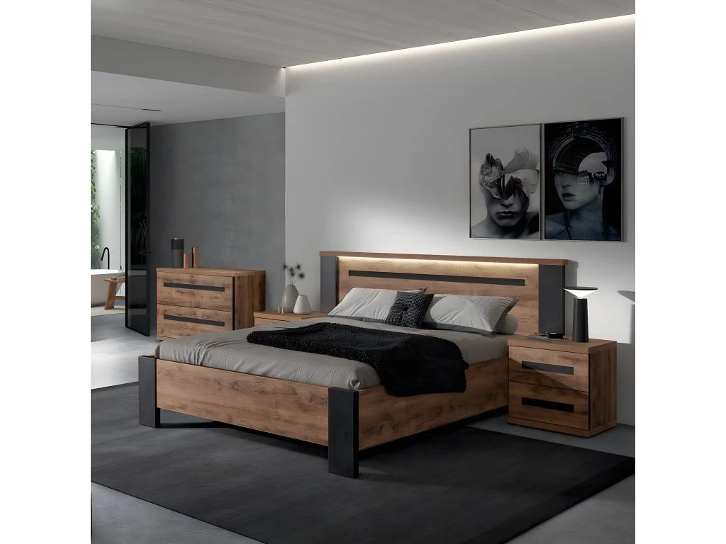 CANDAS - Ensemble Lit 140x190cm + Chevets Effet Bois 5 CANDAS - Ensemble Lit 140x190cm + Chevets Effet Bois – Image 3