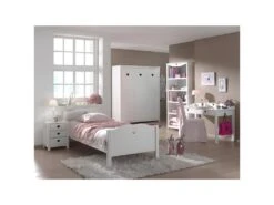 MILADY - Lit 90x200cm Avec Sommier + Chevet + Armoire 3P + Pack Bureau