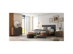 CAMINA - Chambre 140x190cm Lit + Chevets + Commode Effet Noyer Et Anthracite