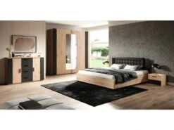 Chambre à Coucher Complète FOX : Armoire 200cm, Lit 180x200, Commode, Chevets. Couleur Chêne Clair Et Noir.