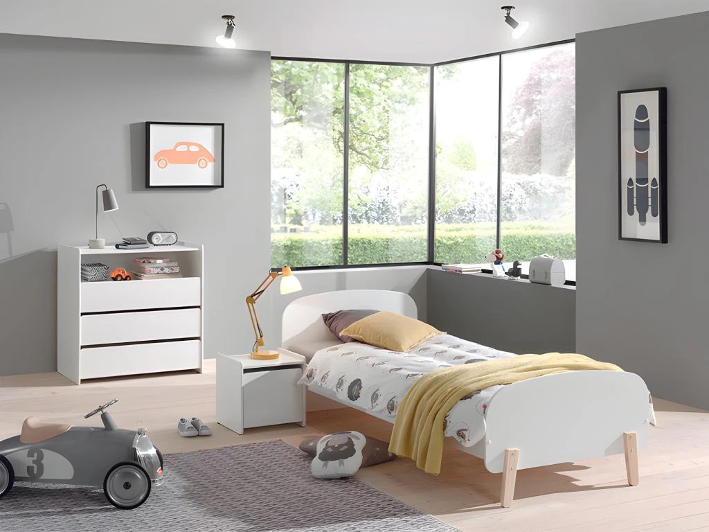 Lit 90x200 - Chevet 1 Porte Et Commode 3 Tiroirs Kiddy - Blanc 3 Lit 90x200 - Chevet 1 Porte Et Commode 3 Tiroirs Kiddy - Blanc