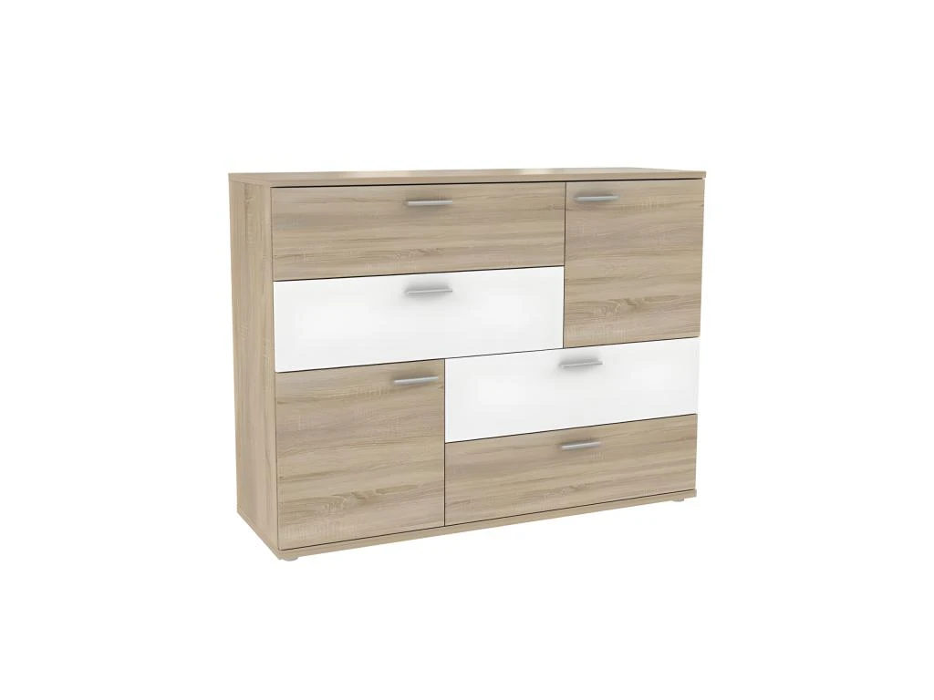 Commode 2 Portes 4 Tiroirs Décor Chêne Clair Blanc - DEST 3 Commode 2 Portes 4 Tiroirs Décor Chêne Clair Blanc - DEST