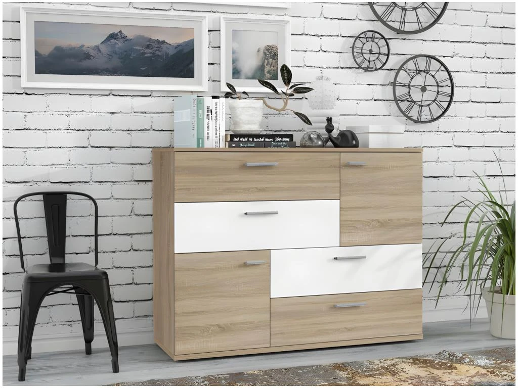 Commode 2 Portes 4 Tiroirs Décor Chêne Clair Blanc - DEST 4 Commode 2 Portes 4 Tiroirs Décor Chêne Clair Blanc - DEST – Image 2