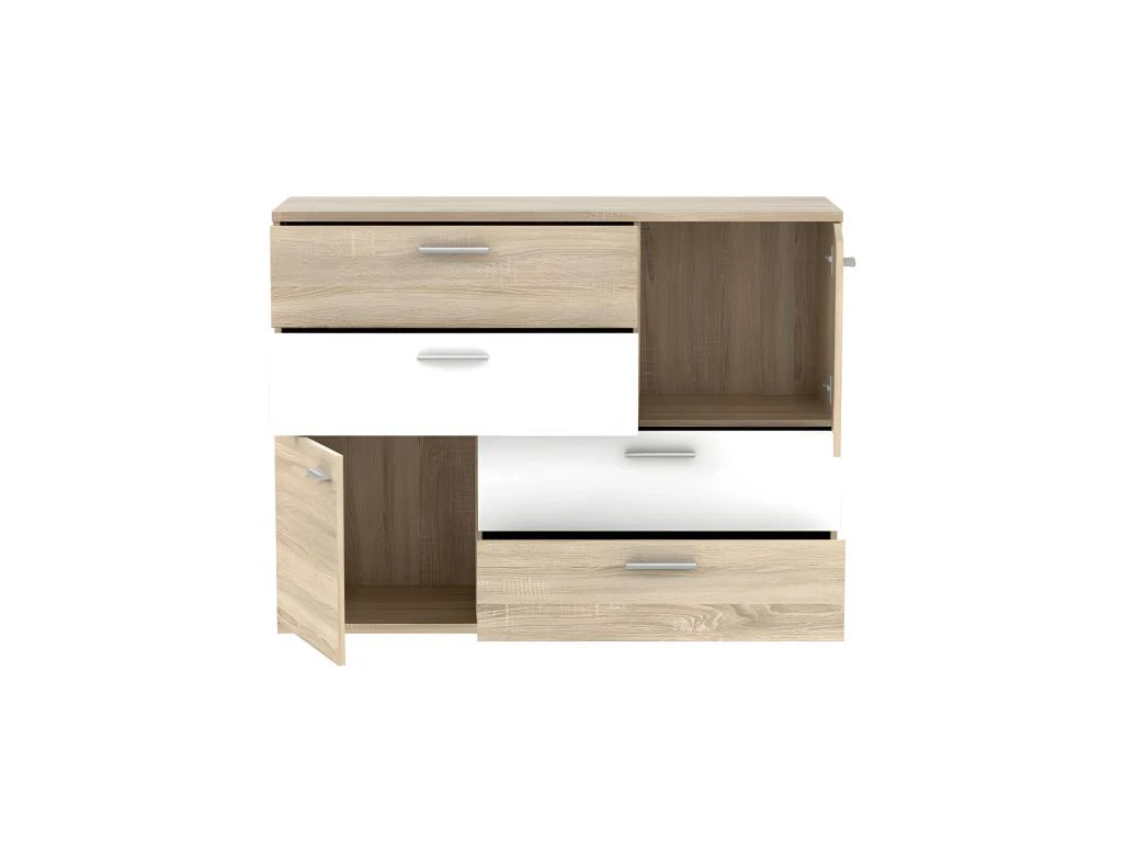 Commode 2 Portes 4 Tiroirs Décor Chêne Clair Blanc - DEST 5 Commode 2 Portes 4 Tiroirs Décor Chêne Clair Blanc - DEST – Image 3