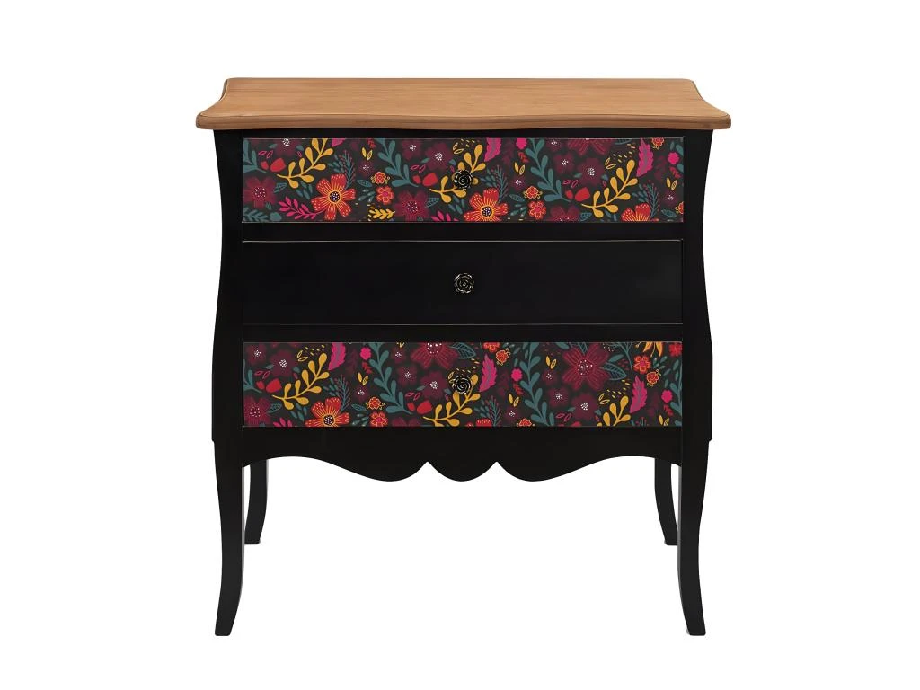FRIDA - Commode 3 Tiroirs Noire Et Motifs Fleuris 3 FRIDA - Commode 3 Tiroirs Noire Et Motifs Fleuris