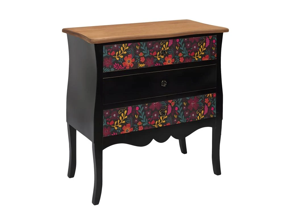 FRIDA - Commode 3 Tiroirs Noire Et Motifs Fleuris 4 FRIDA - Commode 3 Tiroirs Noire Et Motifs Fleuris – Image 2
