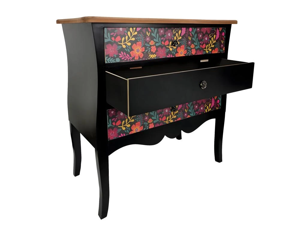 FRIDA - Commode 3 Tiroirs Noire Et Motifs Fleuris 7 FRIDA - Commode 3 Tiroirs Noire Et Motifs Fleuris – Image 5