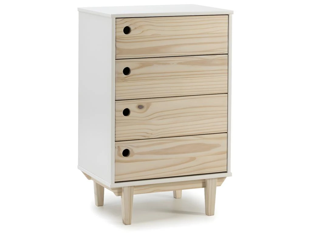 Chifonnier Roma Avec 4 Tirois En Couleur Blanc, Pieds Et Façades En Bois Naturel 3 Chifonnier Roma Avec 4 Tirois En Couleur Blanc, Pieds Et Façades En Bois Naturel