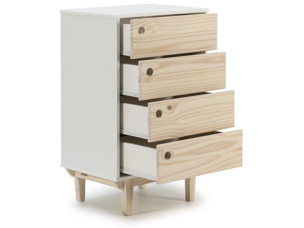 Chifonnier Roma Avec 4 Tirois En Couleur Blanc, Pieds Et Façades En Bois Naturel 4 Chifonnier Roma Avec 4 Tirois En Couleur Blanc, Pieds Et Façades En Bois Naturel – Image 2