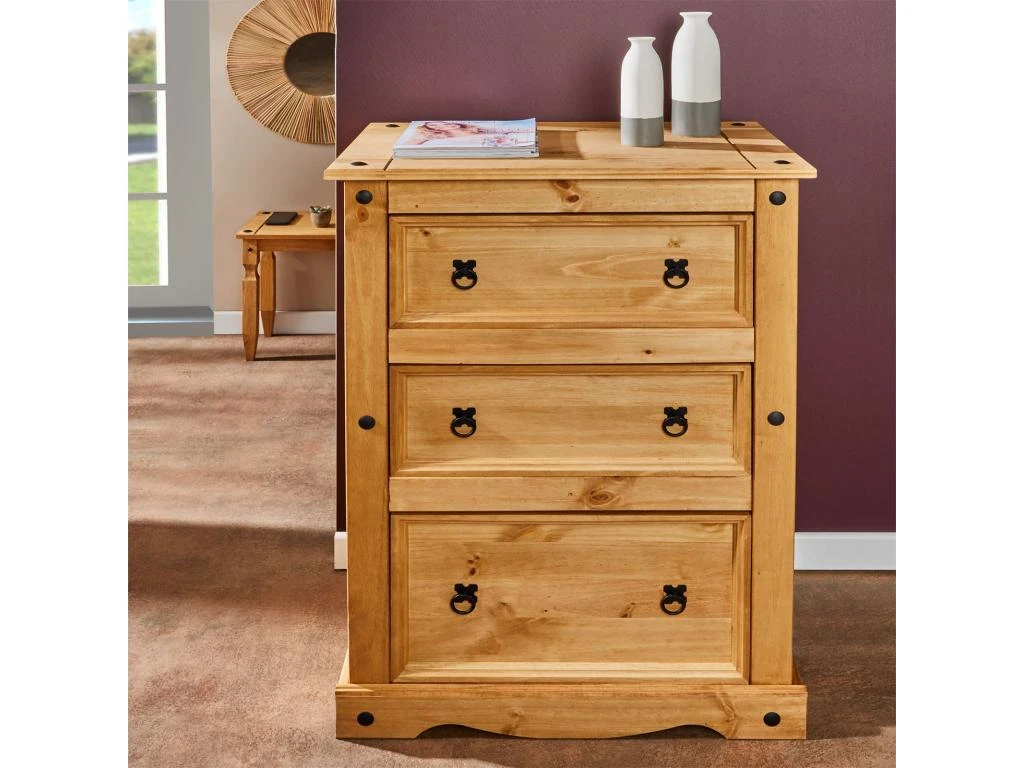 Commode SALSA Chiffonnier En Bois Style Mexicain Avec 2 Petits Et 1 Grand Tiroir, En Pin Massif Finition Teintée/cirée 4 Commode SALSA Chiffonnier En Bois Style Mexicain Avec 2 Petits Et 1 Grand Tiroir, En Pin Massif Finition Teintée/cirée – Image 2