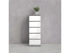 Nada Commode Haute Et étroite Avec 5 Tiroirs, Aspect Béton, Blanc Brillant. -Meubles Soldes Boutique commode 22088221